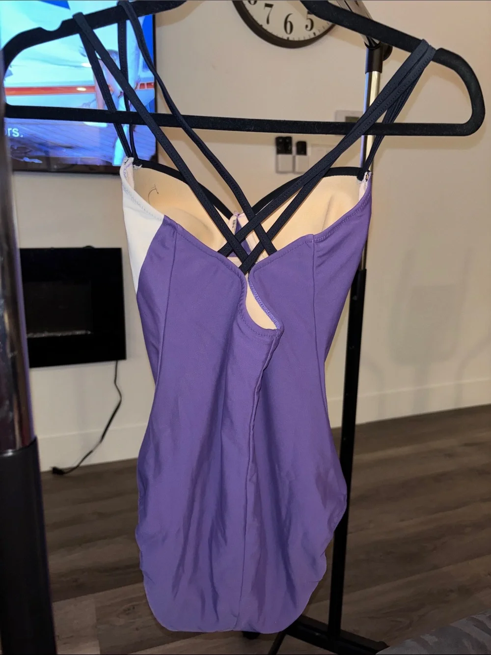 Purple One-Piece Swimsuit with Black & White Diagonal Stripe